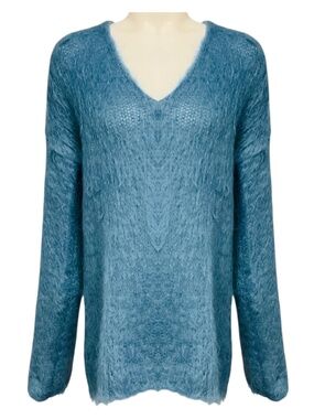 ROCHAS SLATE BLUE MOHAIR AND WOOL KNIT LONG SLEEVED V-NECK PULLOVER SWEATER